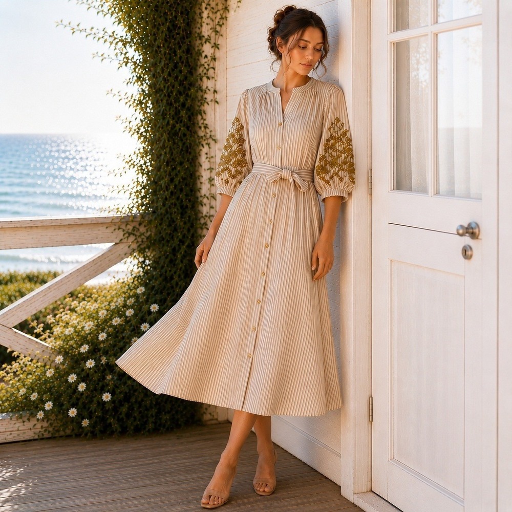 Anthropologie Cream Striped Midi Dress with Olive Embroidery
